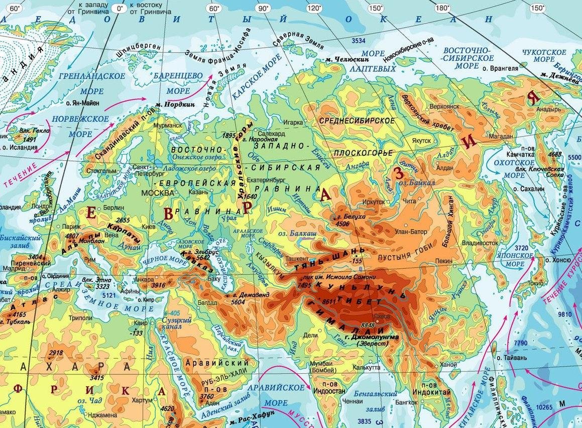 Карта Евразии физическая карта