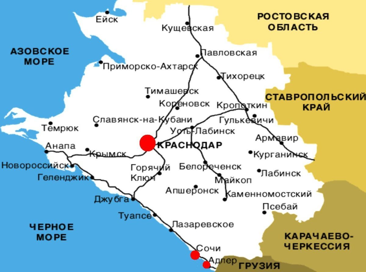 Карта Краснодарского края — Подробная с населенными пунктами