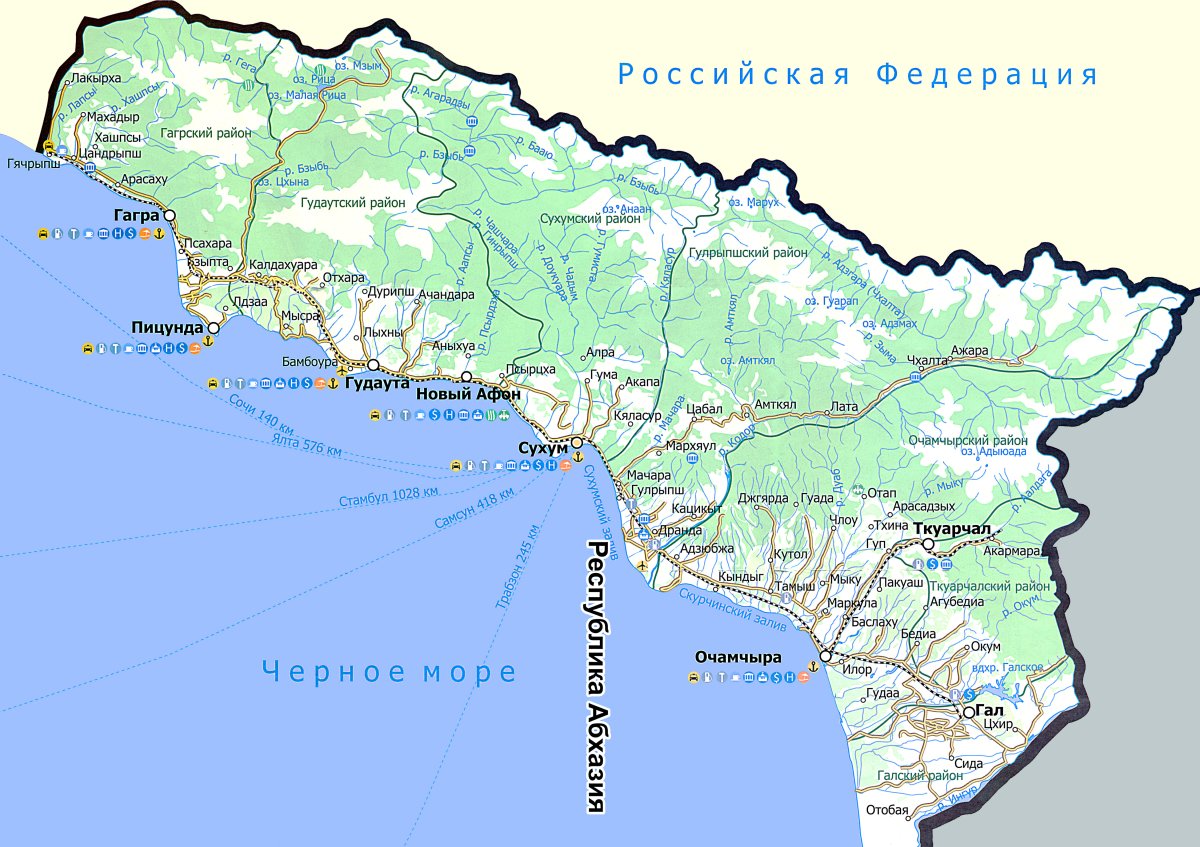 Карта Абхазии побережье с городами