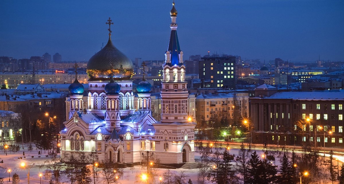 Омск Соборная площадь ночью